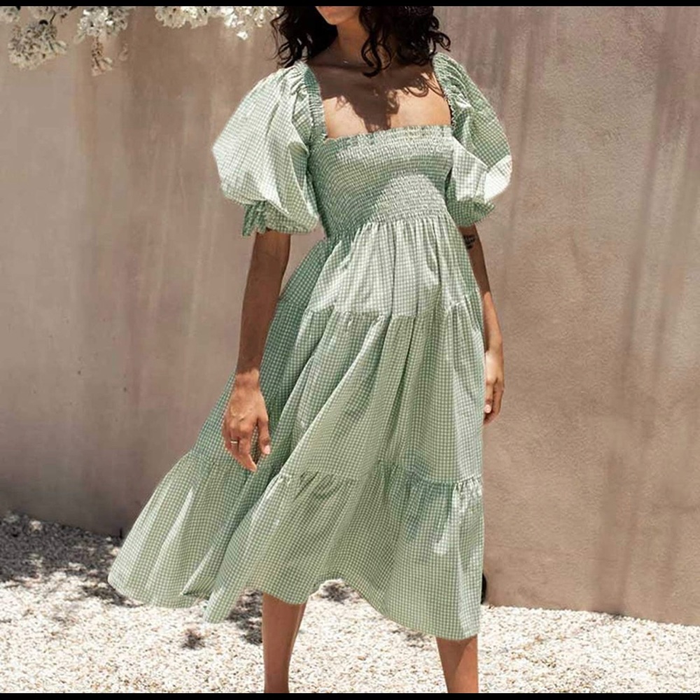 Green Plaid Puff Sleeve Cotton Dress